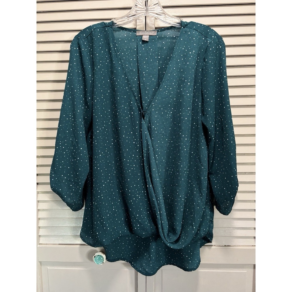 Peace‎ & Pearls Green/Wh Polkadot Chiffon Wrap Front 3/4 Tab Sleeve Blouse Sz M